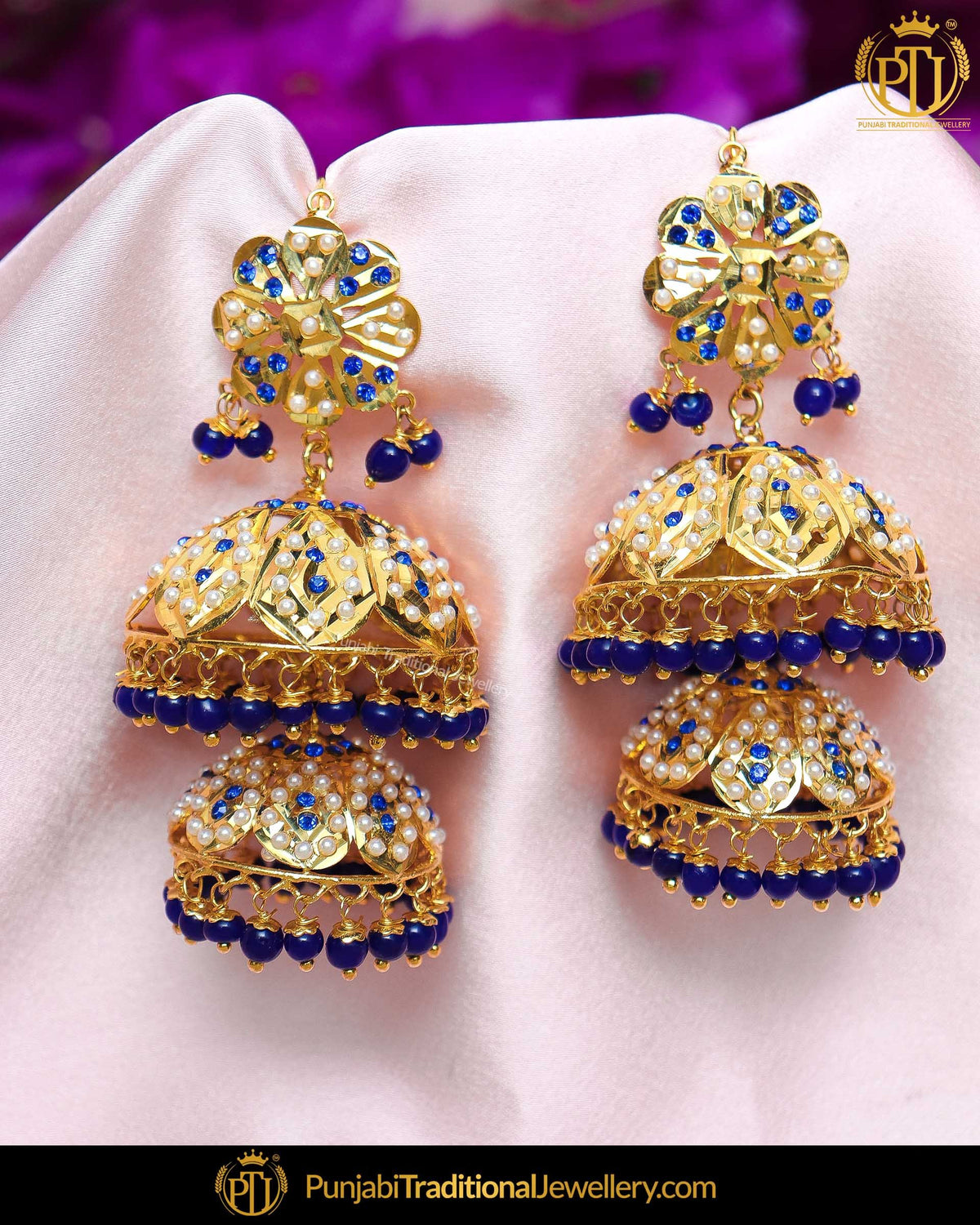 Gold Finished Blue Jadau Jhumki Pearl Earrings | Punjabi Traditional Jewellery Exclusive