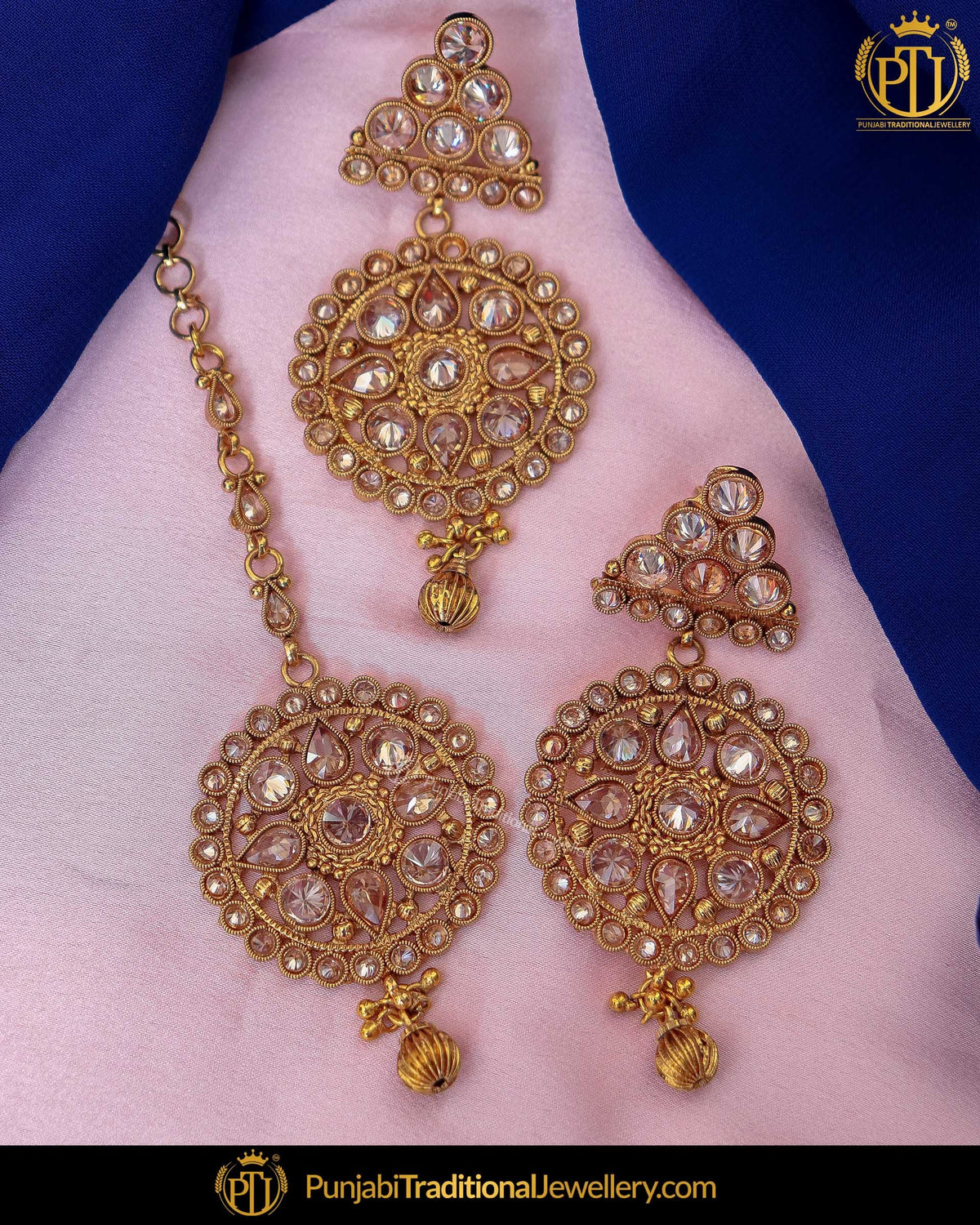 Gold Finished Chamapgne Stone Pearl Earring Tikka Set | Punjabi Traditional Jewellery Exclusive