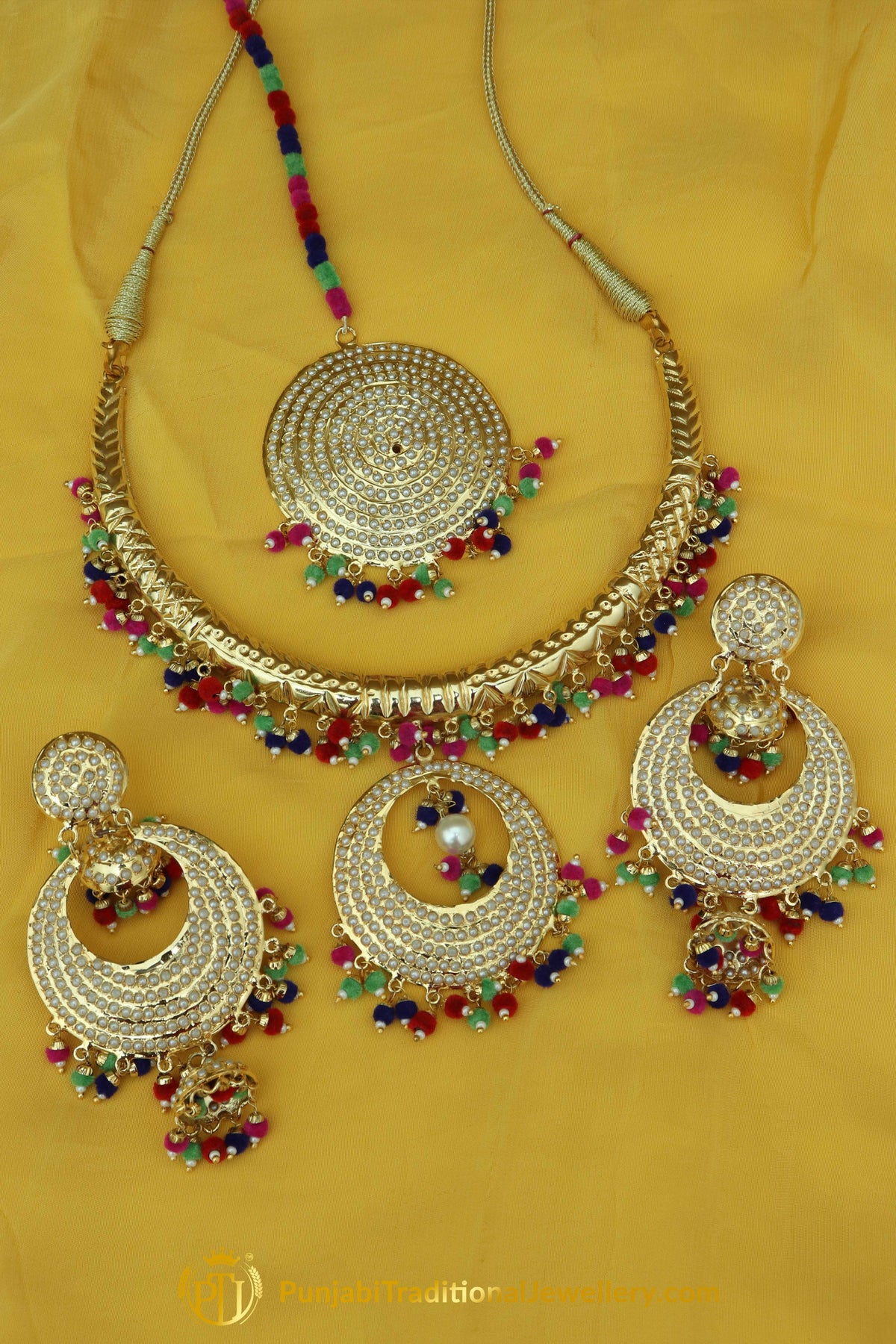 Gazala Gold Finished Navratan Hasli Necklace, Tikka & Earrings | Punjabi Traditional Jewellery Exclusive