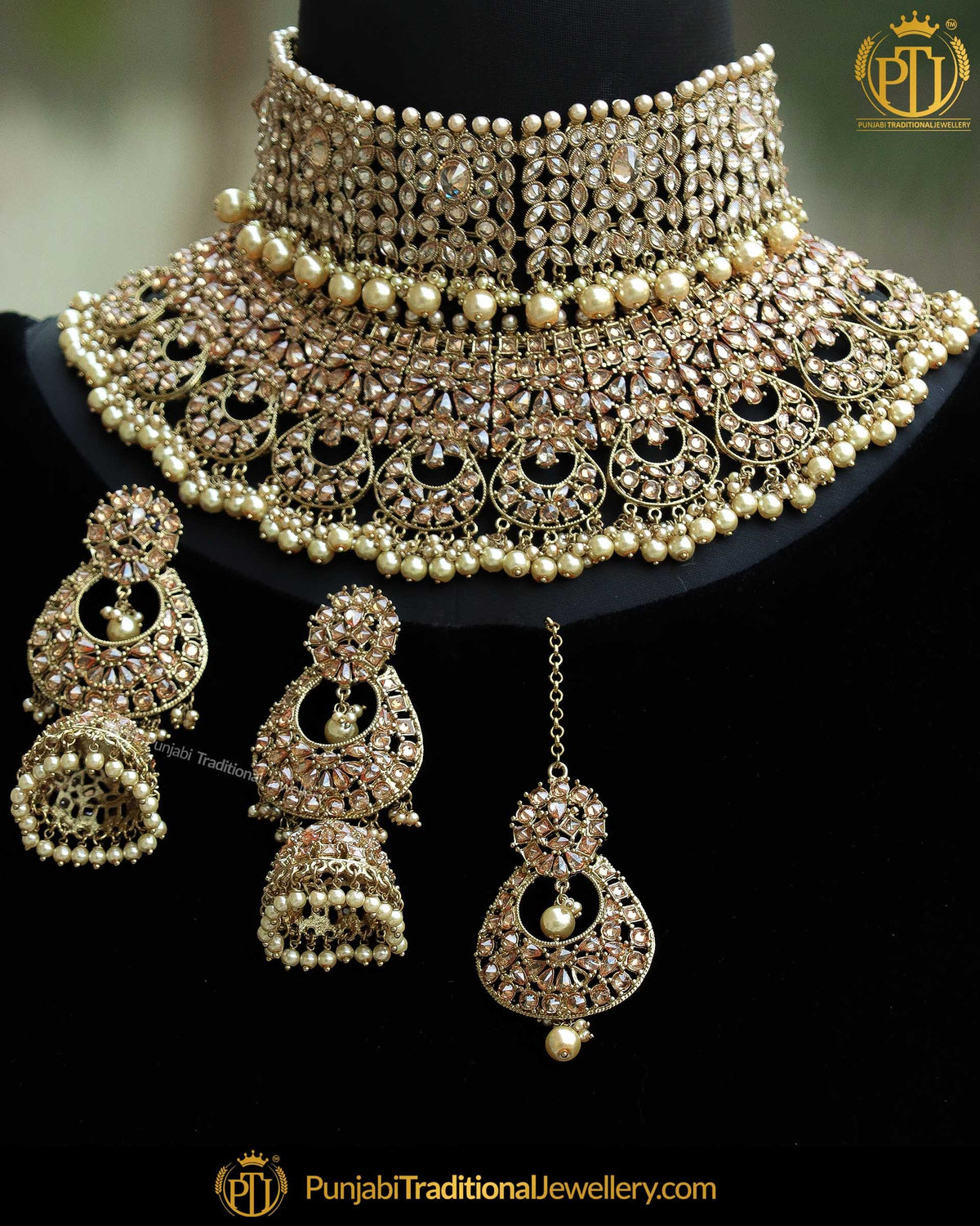 Antique Gold Finished Champagne Stone Choker Necklace Set | Punjabi Traditional Jewellery Exclusive