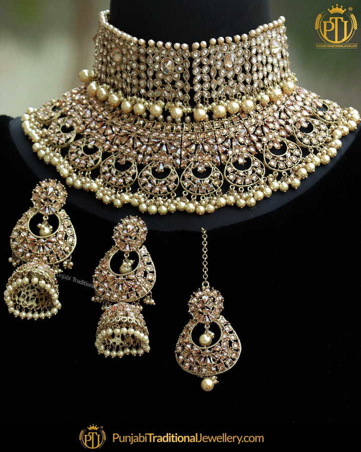 Antique Gold Finished Champagne Stone Choker Necklace Set | Punjabi Traditional Jewellery Exclusive