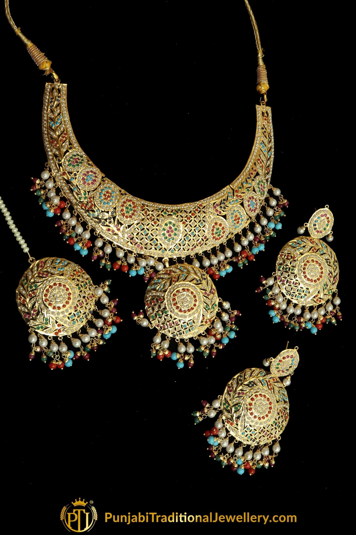 Jaseena Gold Finished Navratan Jadau Necklace, Tikka & Earrings | Punjabi Traditional Jewellery Exclusive