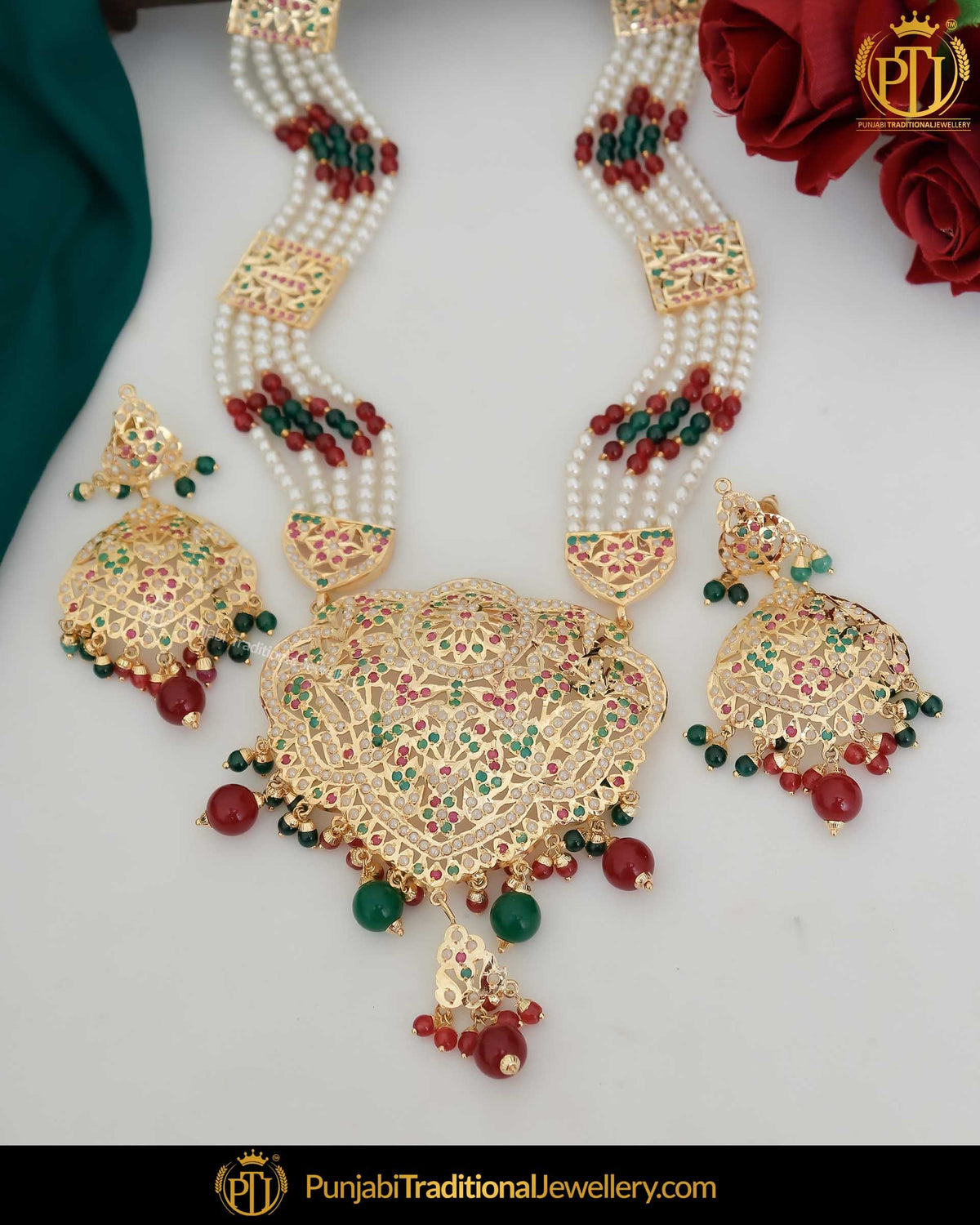 Gold Finished Red & Green Rani Haar Jadau Necklace Set | Punjabi Traditional Jewellery Exclusive