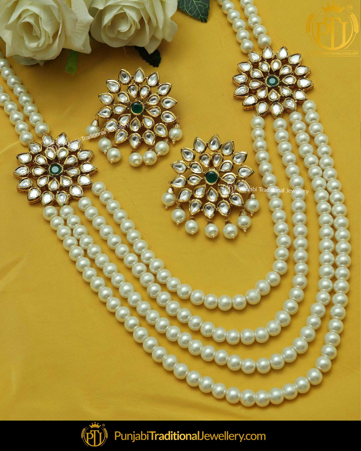Emerald Kundan Pearl Mala Set With Stud Earrings | Punjabi Traditional Jewellery Exclusive