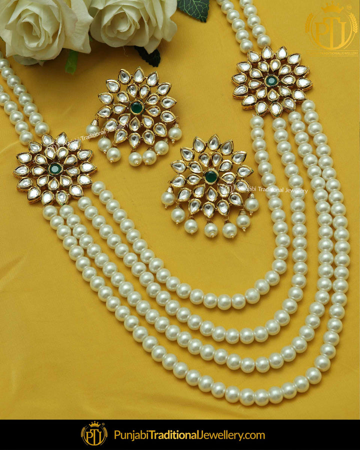 Emerald Kundan Pearl Mala Set With Stud Earrings | Punjabi Traditional Jewellery Exclusive