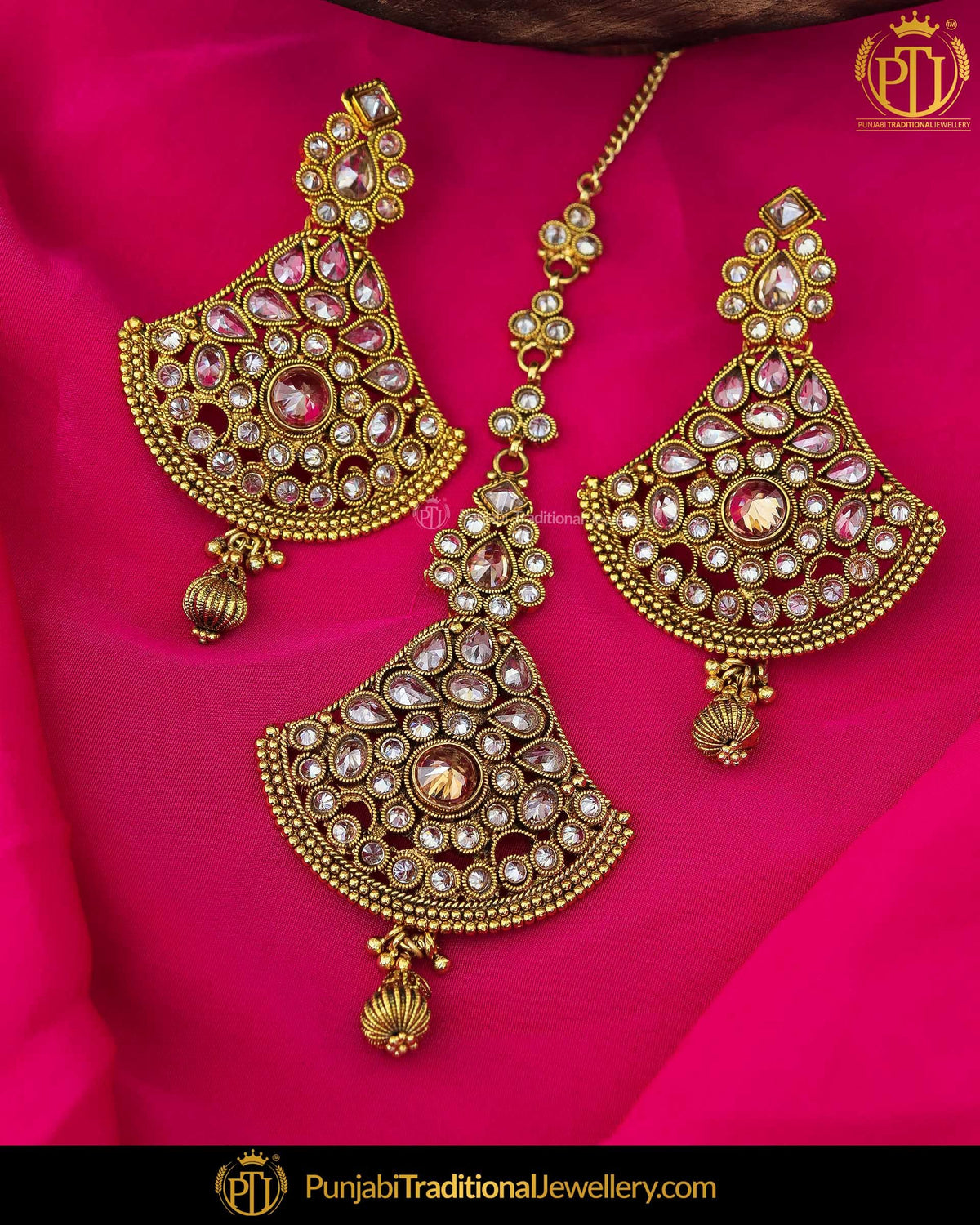 Gold Finished Polki Stone Earring Tikka Set | Punjabi Traditional Jewellery Exclusive