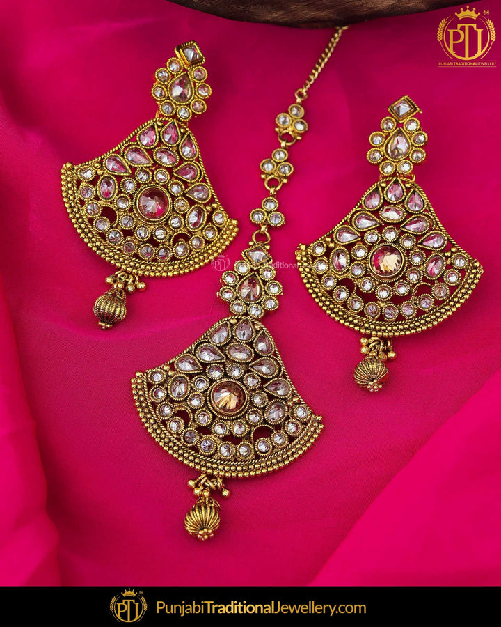Gold Finished Polki Stone Earring Tikka Set | Punjabi Traditional Jewellery Exclusive