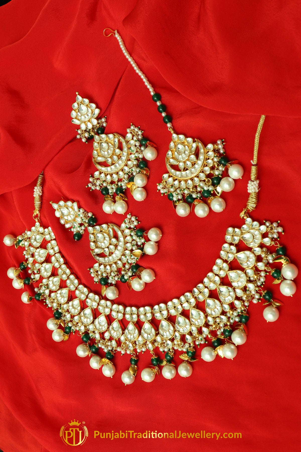 Durrah Emerald Kundan Pearl Necklace Set | Punjabi Traditional Jewellery Exclusive
