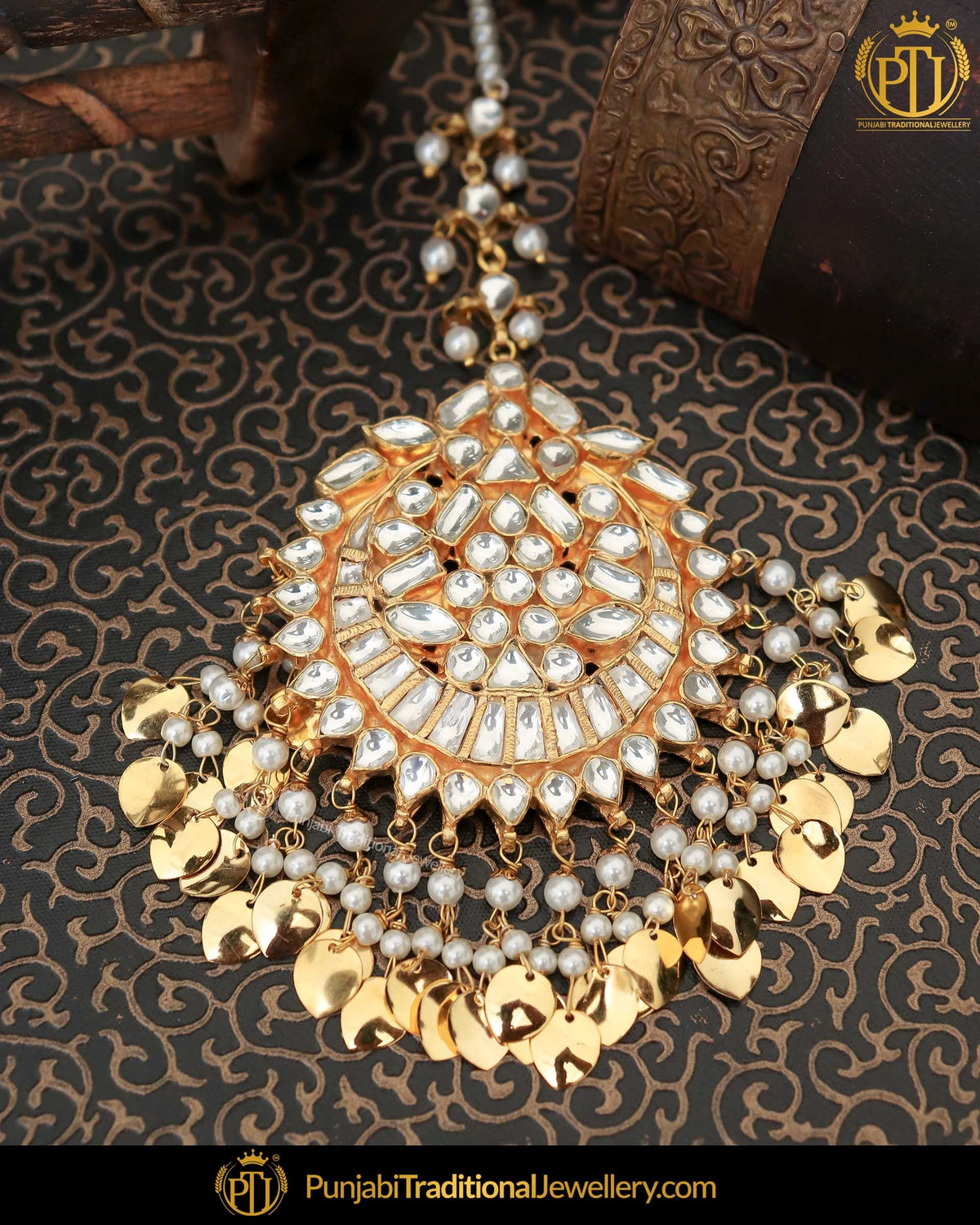 Gold Finished Kundan Pippal Patti Pearl Tikka | Punjabi Traditional Jewellery Exclusive