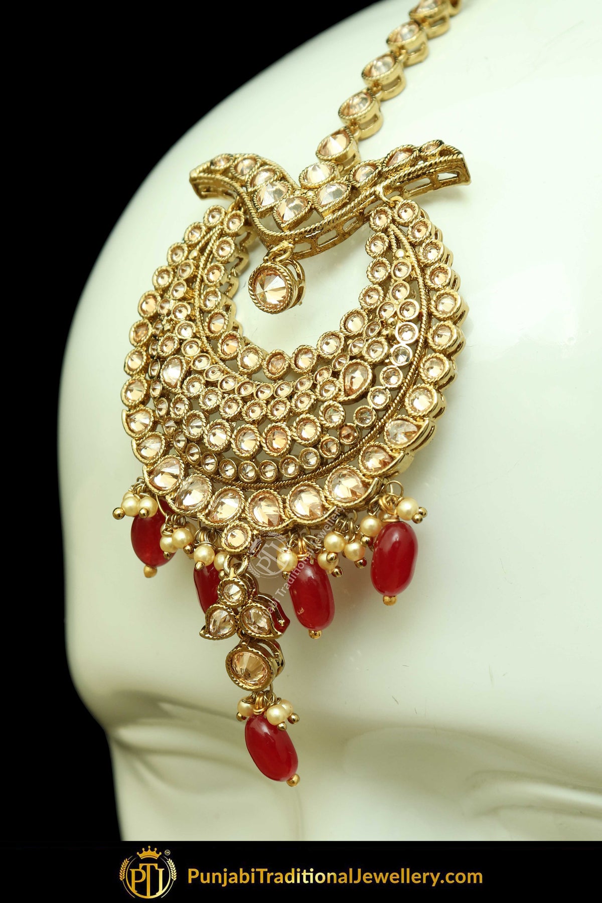 Antique Gold Finised Champagne Stone Red Earring Tikka Set By Punjabi Traditional Jewellery