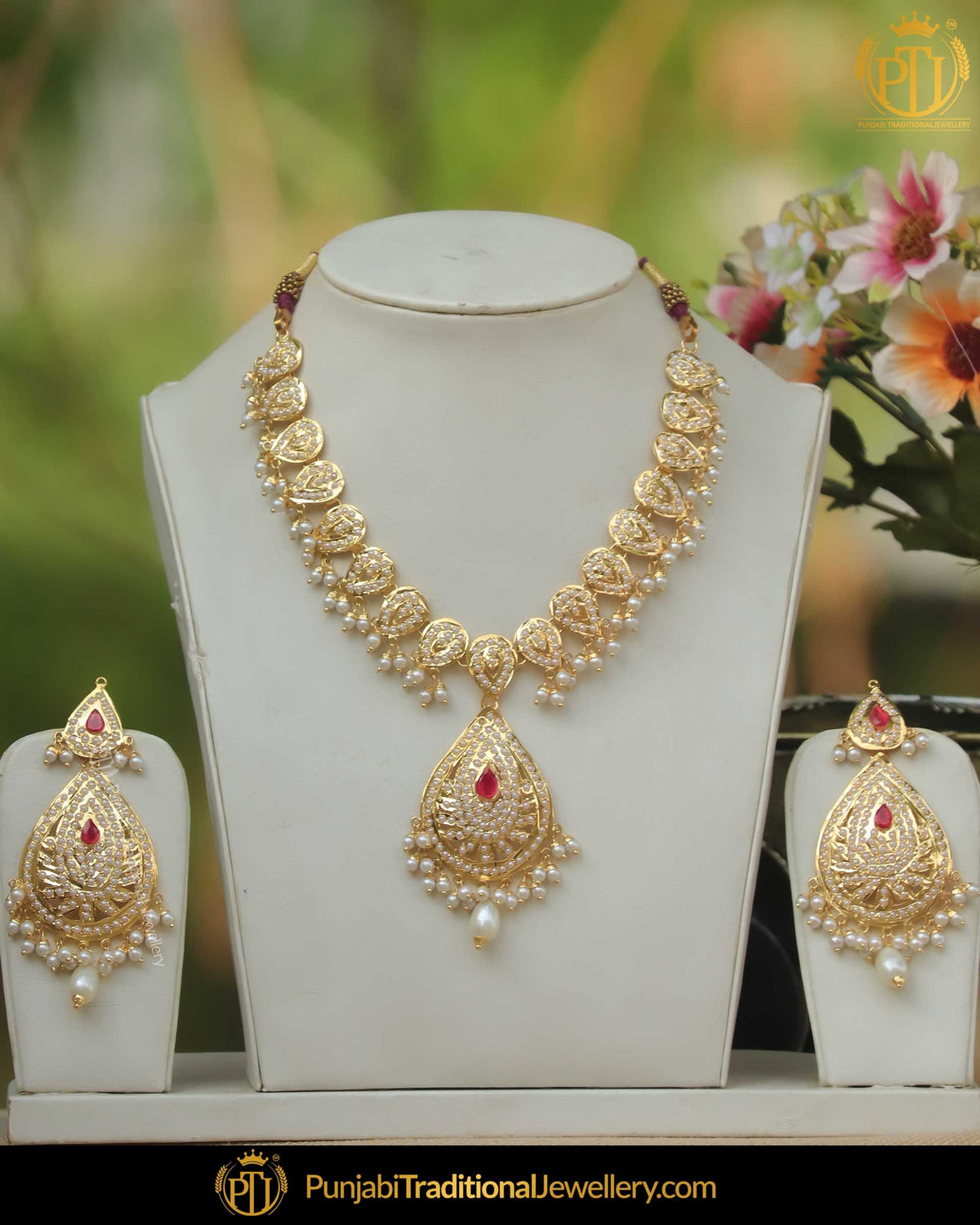 Gold Finished Rubby Pearl Necklace Set | Punjabi Traditional Jewellery Exclusive