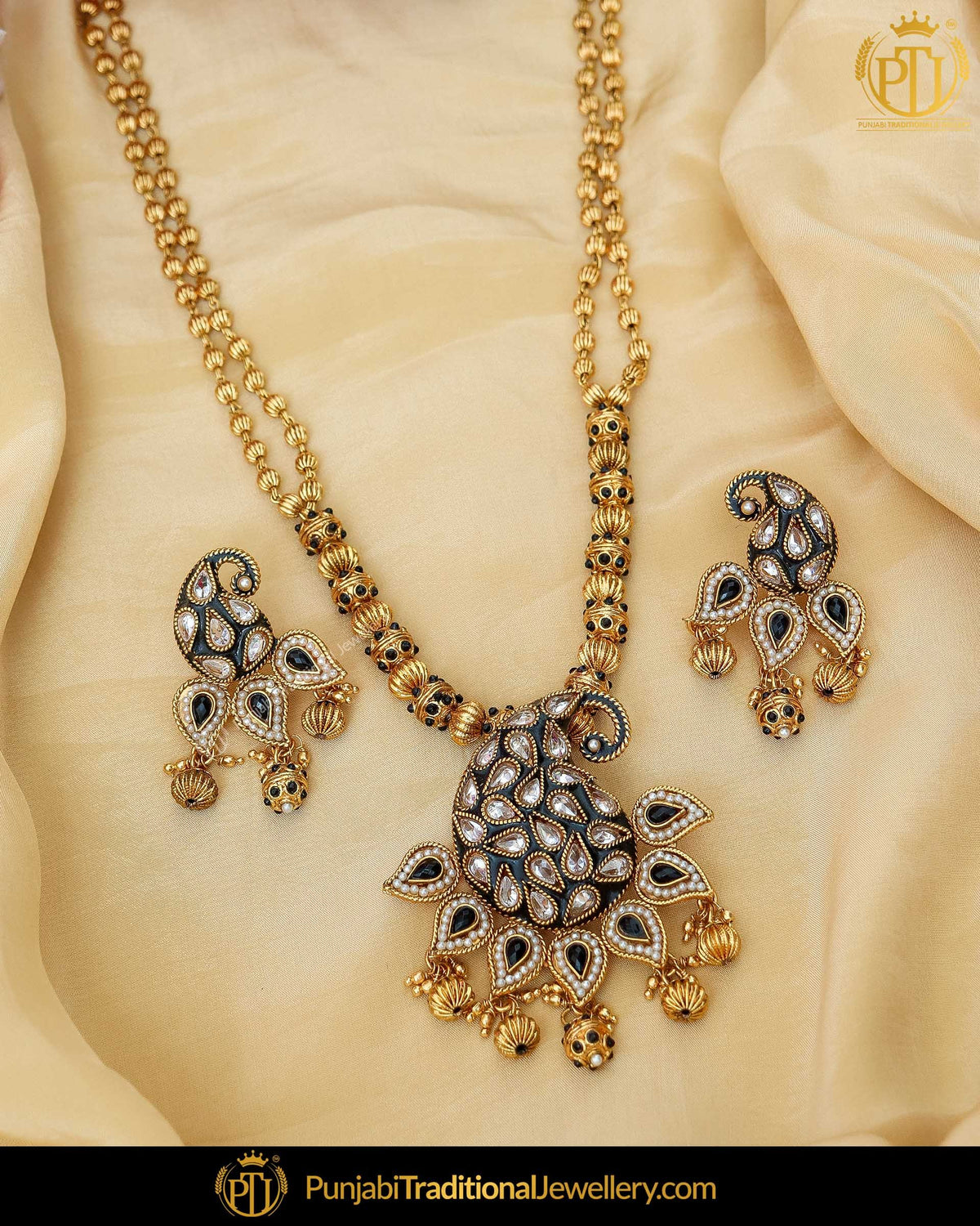 Antique Gold Finished Emerald Meena Johda long Set | Punjabi Traditional Jewellery Exclusive