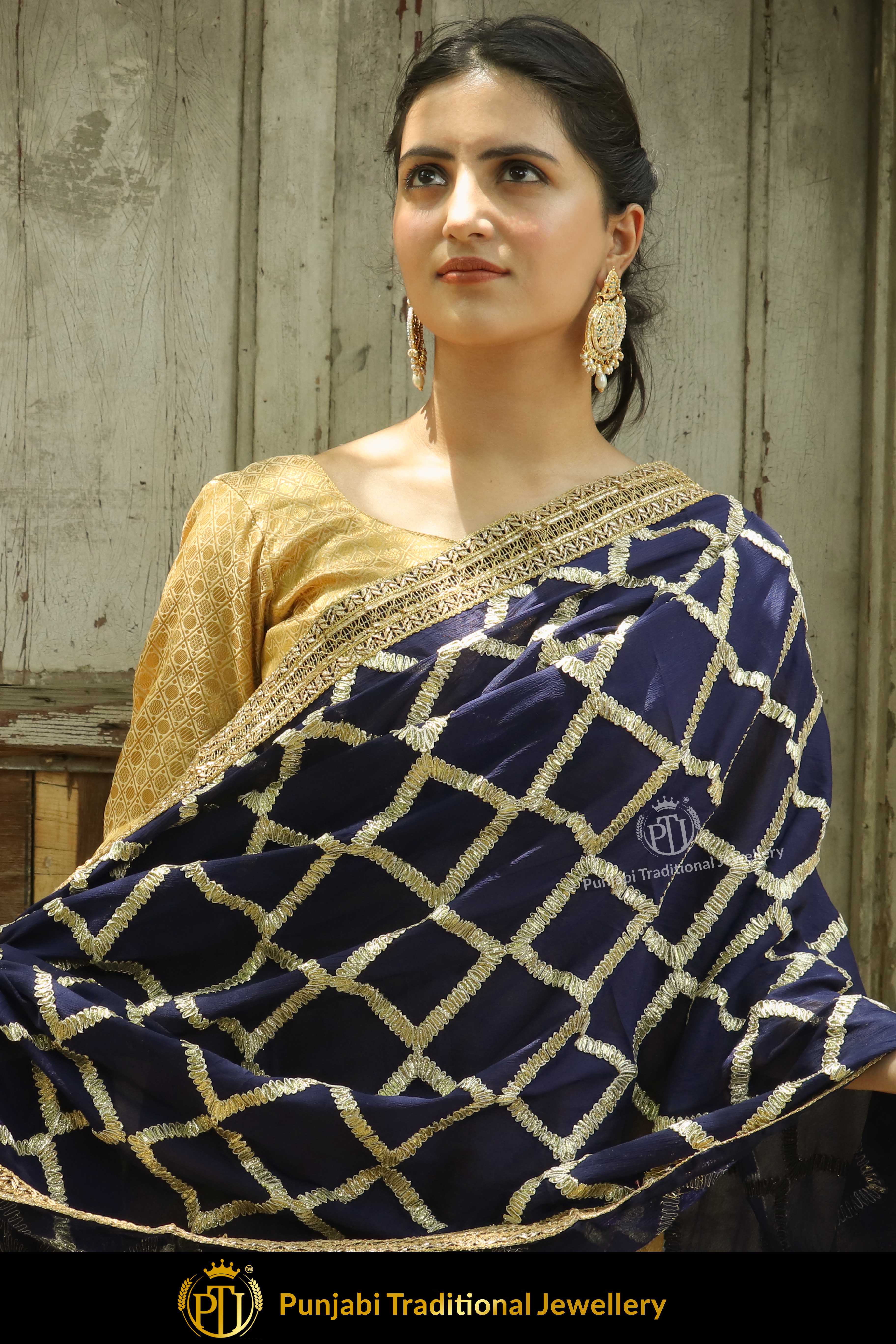 Blue Color Pure Phulkari Dupatta By Punjabi Traditional Jewellery