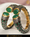 Hand Painted Black Menna Emerald Polki Karra Bangles (Pair)| Punjabi Traditional Jewellery Exclusive