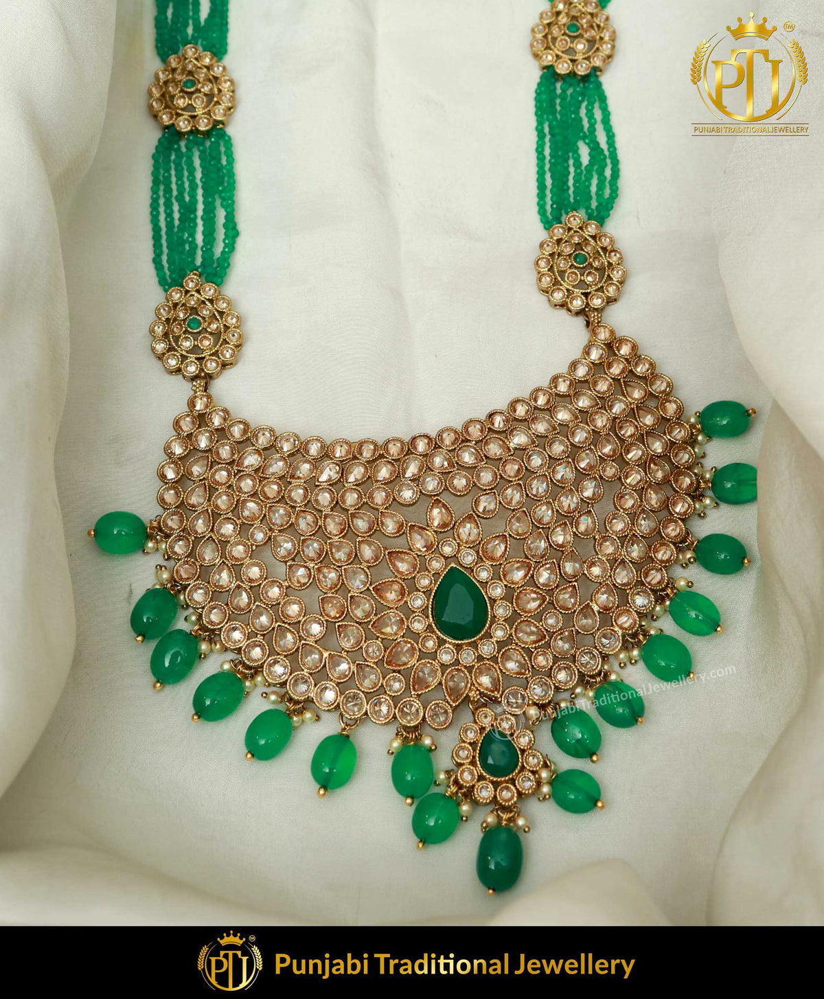 Champagne Stone Green Rani Haar Necklace & Earrings | Punjabi Traditional Jewellery Exclusive
