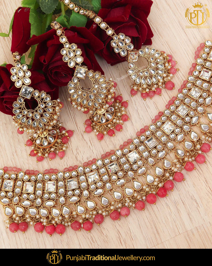 Gold Finished Peach Kundan Pearl Choker Necklace & Sahare Earrings | Punjabi Traditional Jewellery Exclusive