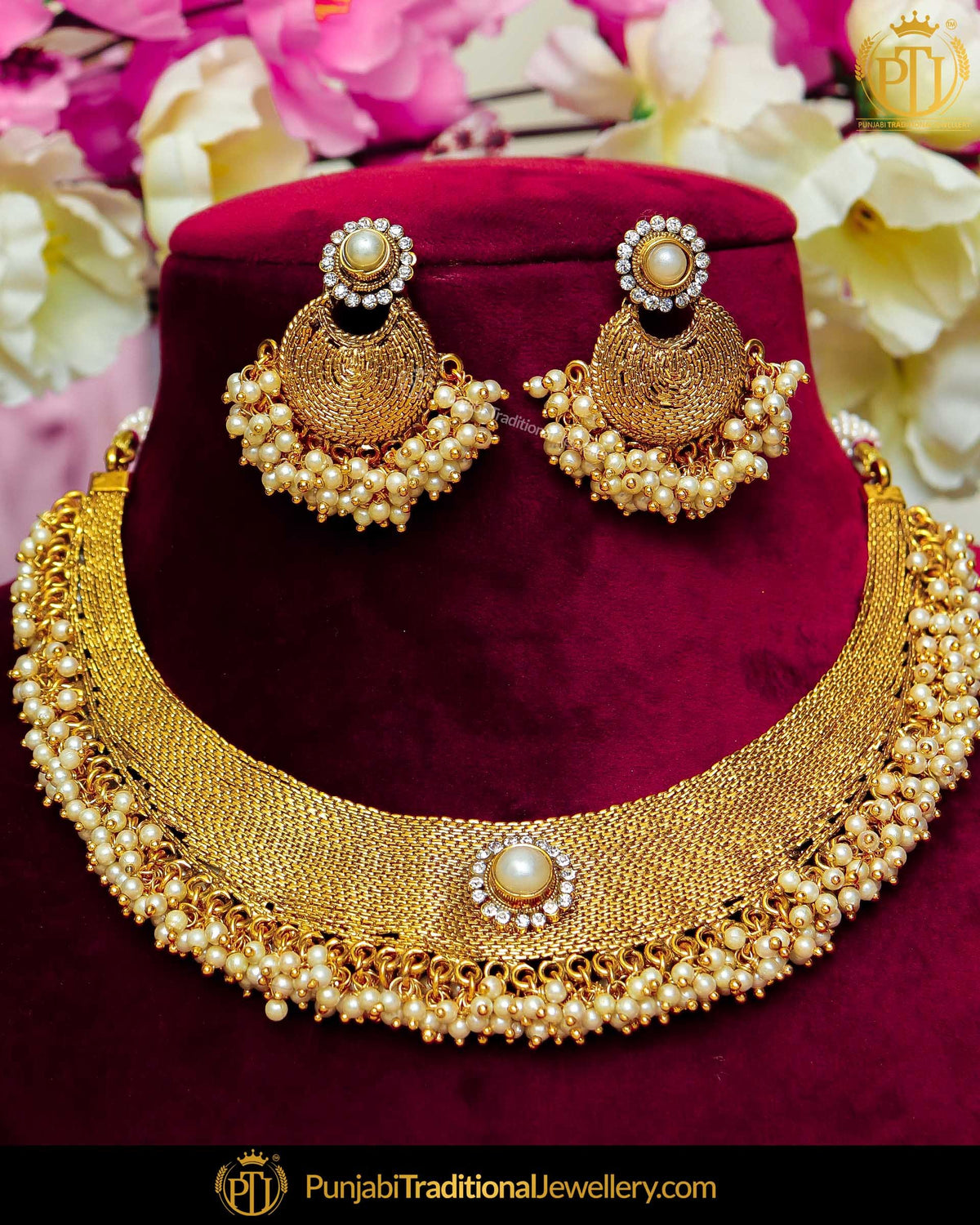 Antique Gold Finished Pearl Johda Necklace Set  | Punjabi Traditional Jewellery Exclusive
