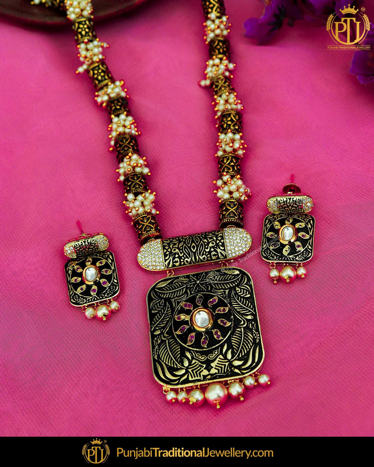 Antique Gold Finished Black Pearl Kundan Mala Necklace Set | Punjabi Traditional Jewellery Exclusive