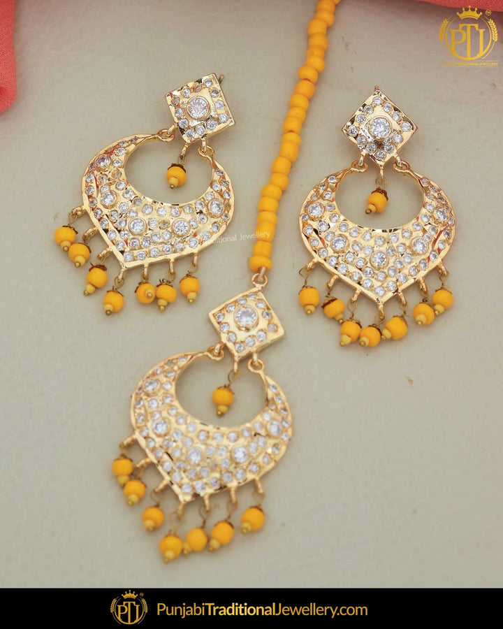 Gold Finished Yellow Jadau Jercon Pearl Earring Tikka Set | Punjabi Traditional Jewellery Exclusive