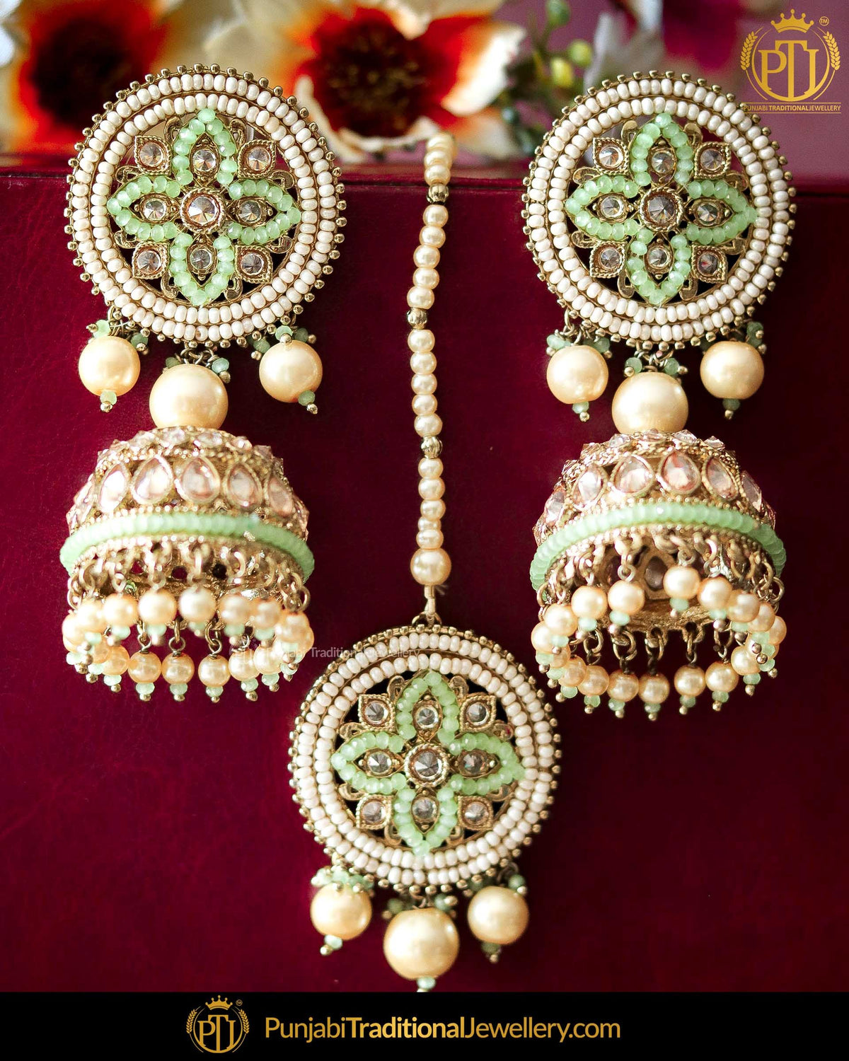 Gold Finished Pista Green Polki Stone Earring Tikka Set | Punjabi Traditional Jewellery Exclusive