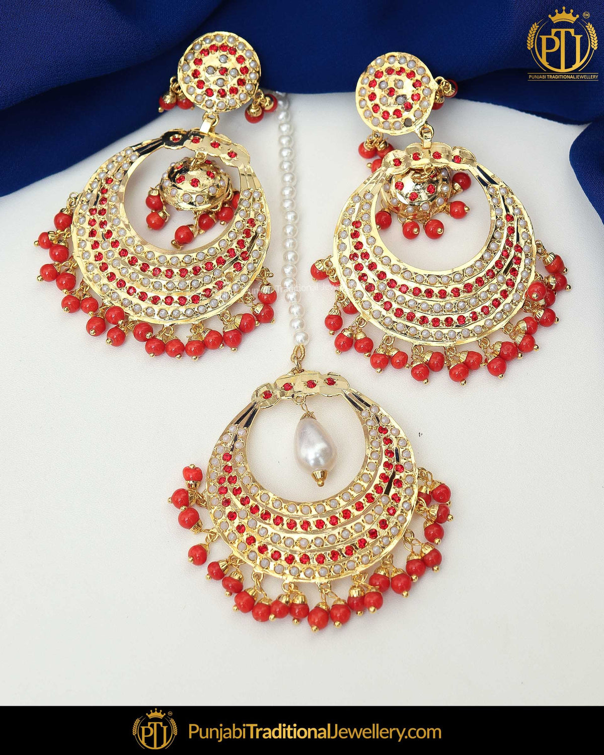 Gold Finished Orange Jadau Pearl Earring Tikka Set  | Punjabi Traditional Jewellery Exclusive