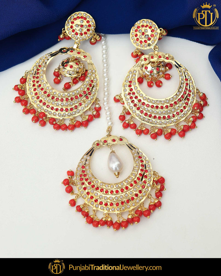 Gold Finished Orange Jadau Pearl Earring Tikka Set  | Punjabi Traditional Jewellery Exclusive