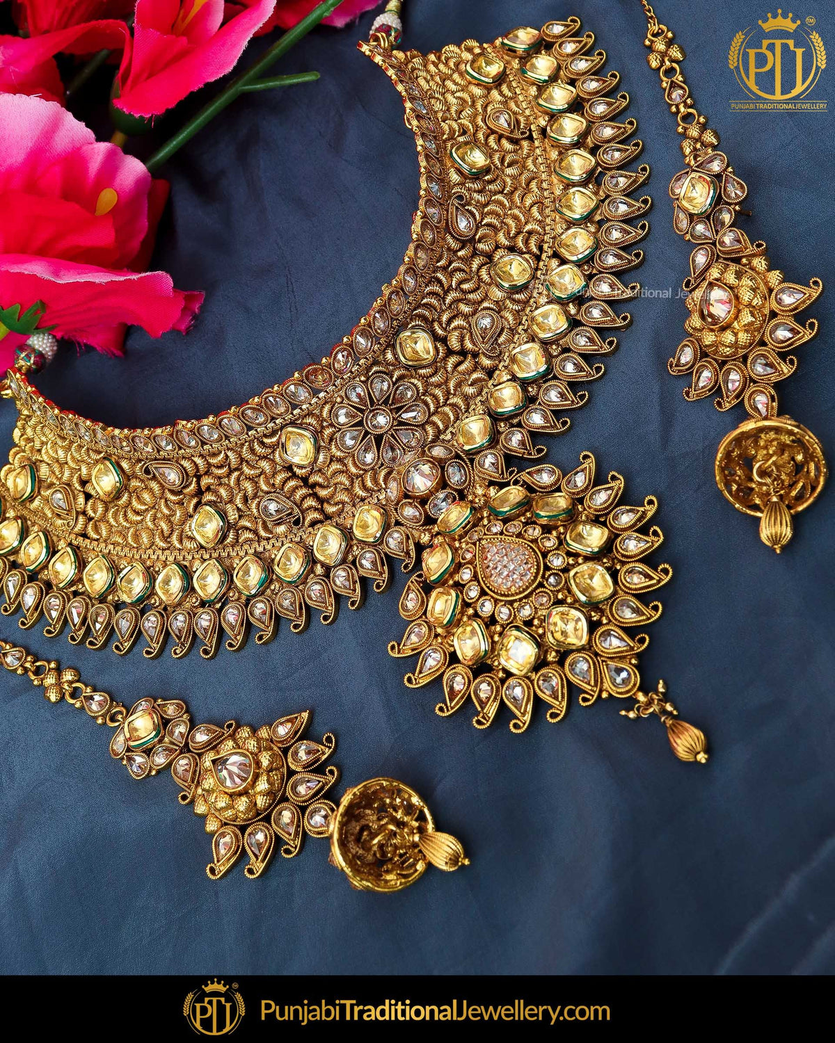 Antique Gold Finished Polki/Kundan Choker Johda Necklace Set  | Punjabi Traditional Jewellery Exclusive