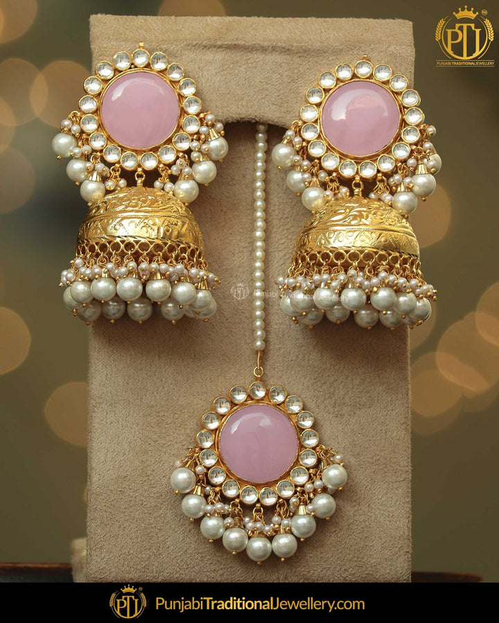 Gold Finished Pink Stud & Jhumki Pearl Kundan Earrings & Tikka Set | Punjabi Traditional Jewellery Exclusive