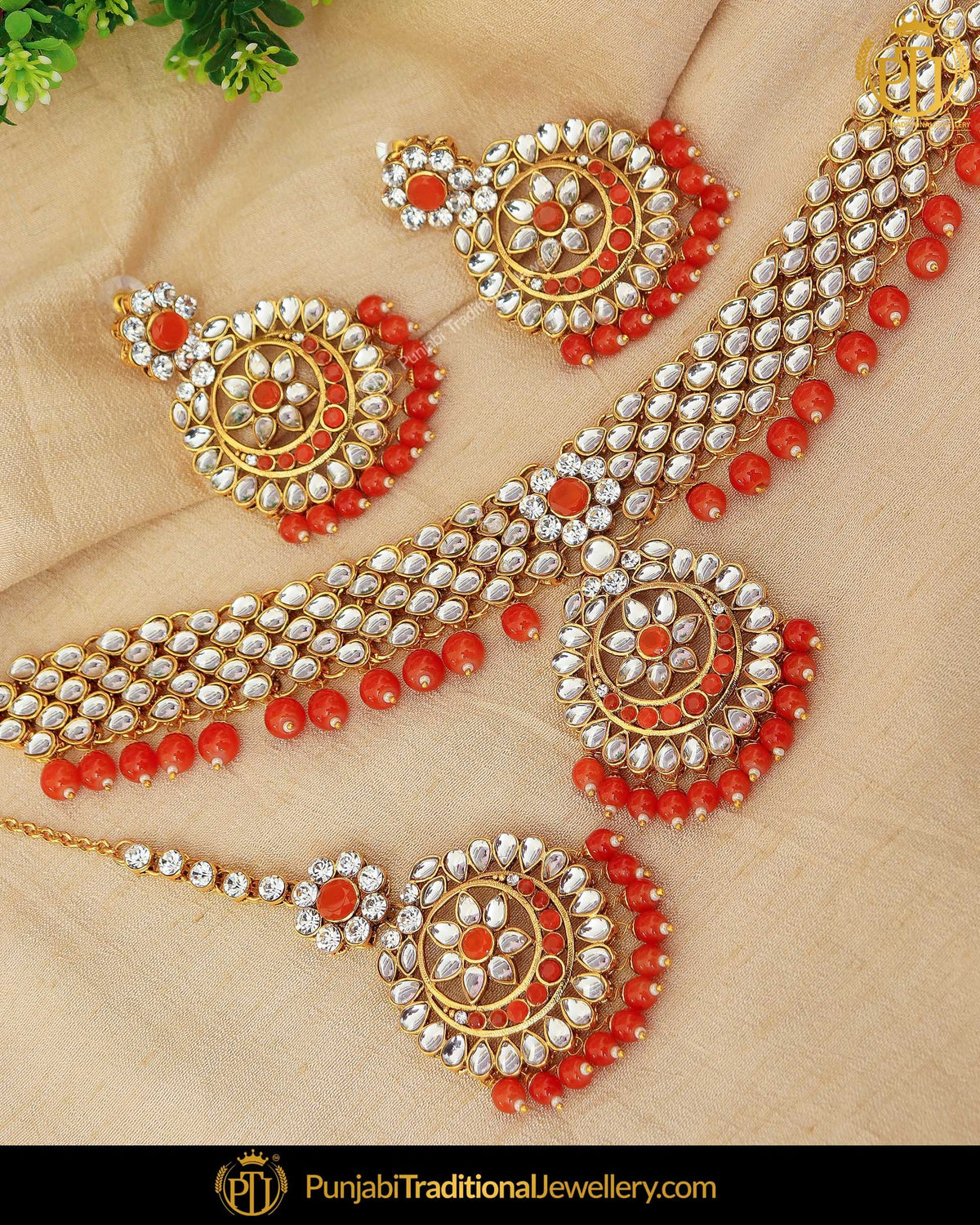 Gold Finished Orange Kundan Pearl Necklace Set | Punjabi Traditional Jewellery Exclusive