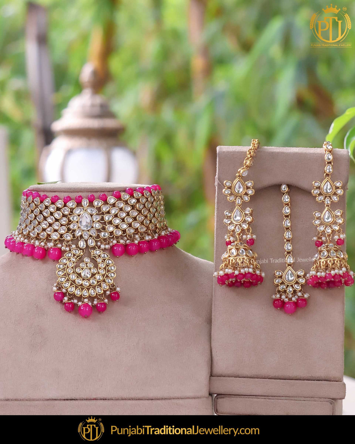 Gold Finished Kundan Hot Pink Pearl Choker Necklace Set | Punjabi Traditional Jewellery Exclusive