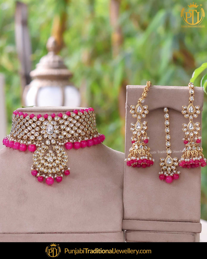 Gold Finished Kundan Hot Pink Pearl Choker Necklace Set | Punjabi Traditional Jewellery Exclusive