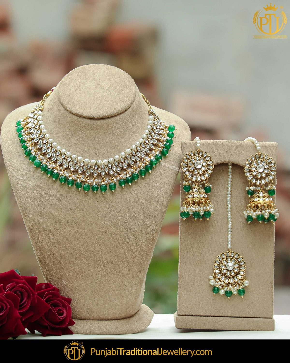 Gold Finished Emerald Kundan Pearl Necklace Set | Punjabi Traditional Jewellery Exclusive