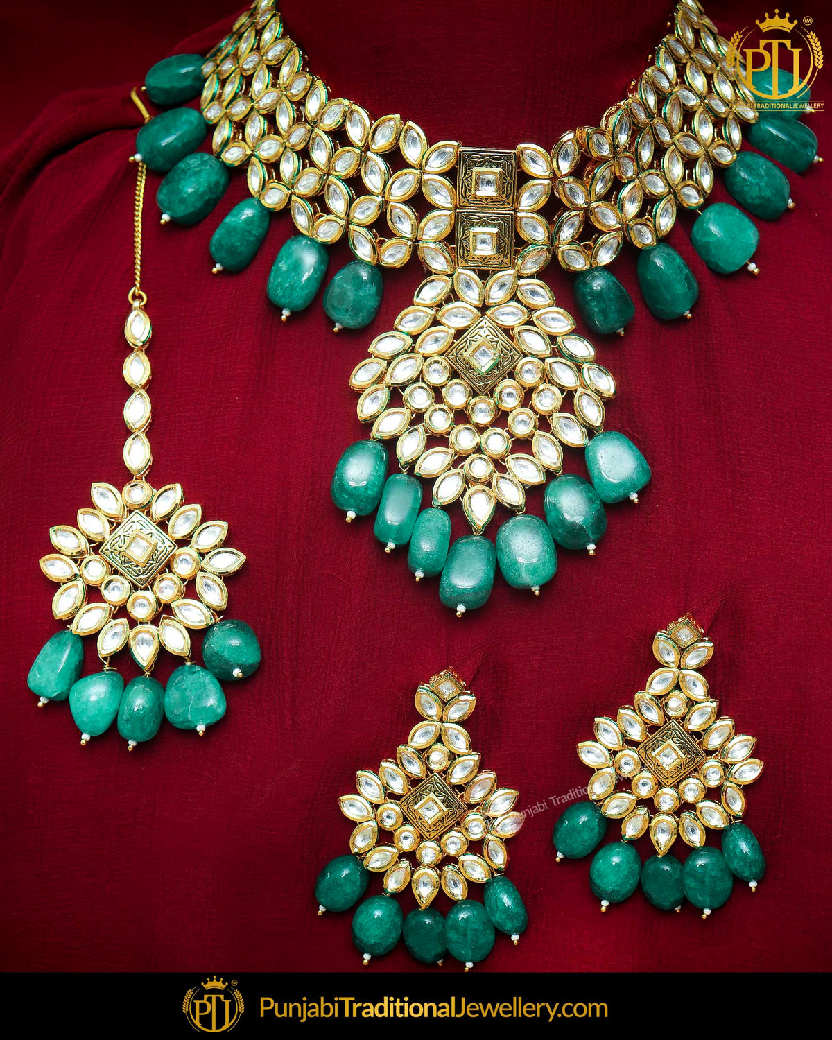 Green Pearl Kundan Necklace Set By Punjabi Traditional Jewellery