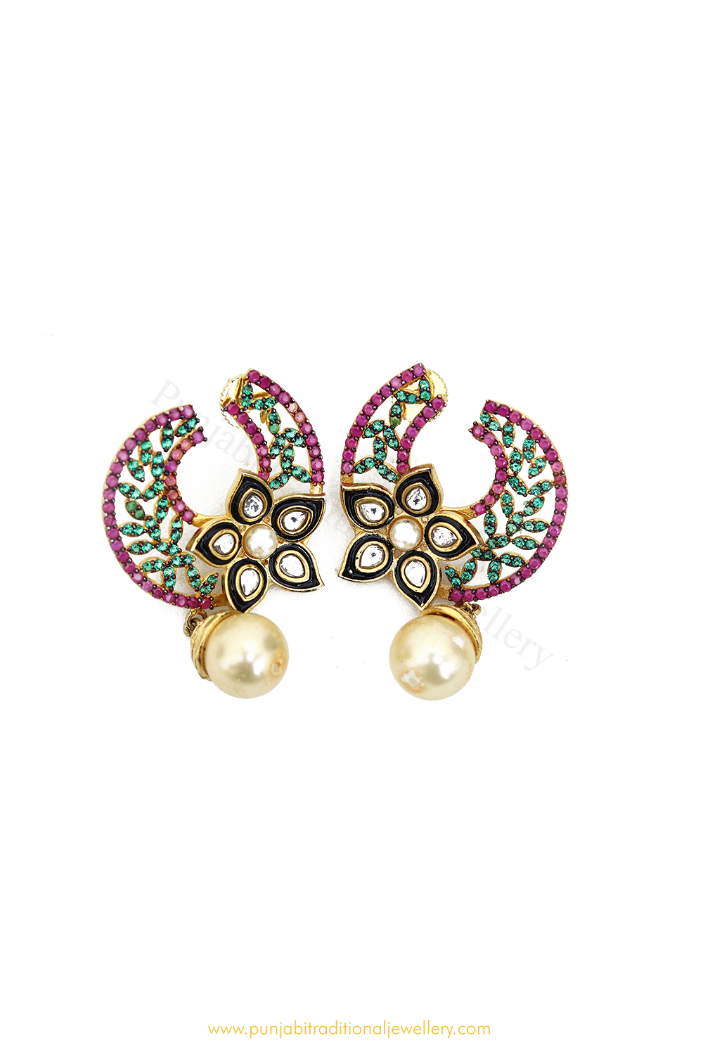Gold Finished Rubby Emerald AD Earrings By PTJ