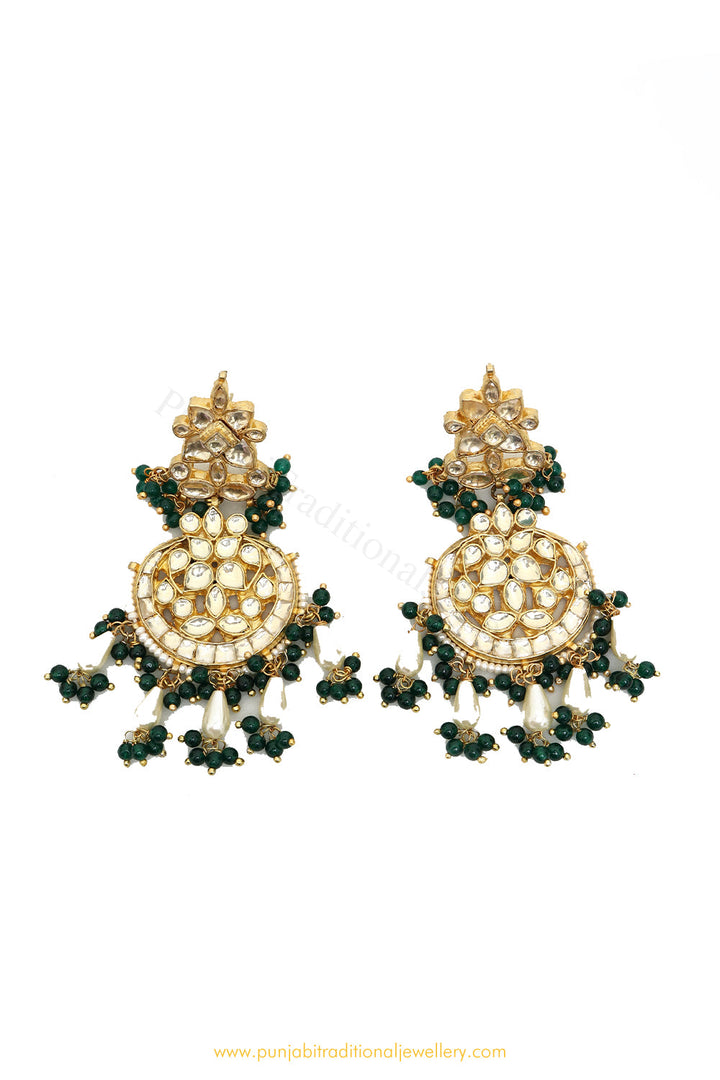 Gold Finished Emerald Kundan Earrings by PTJ