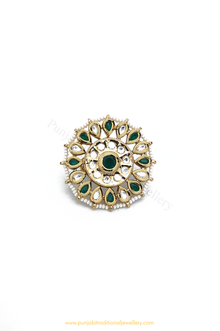 Gold Finished Emerald Kundan Ring By PTJ