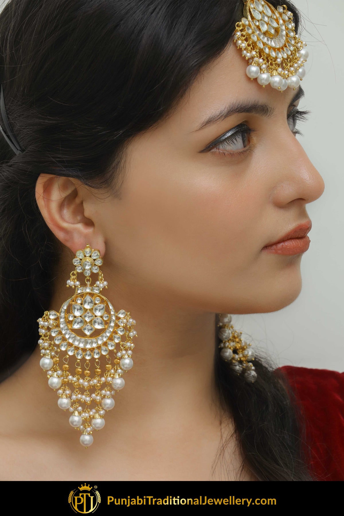 Banujah Kundan Pearl Earring Tikka Set | Punjabi Traditional Jewellery