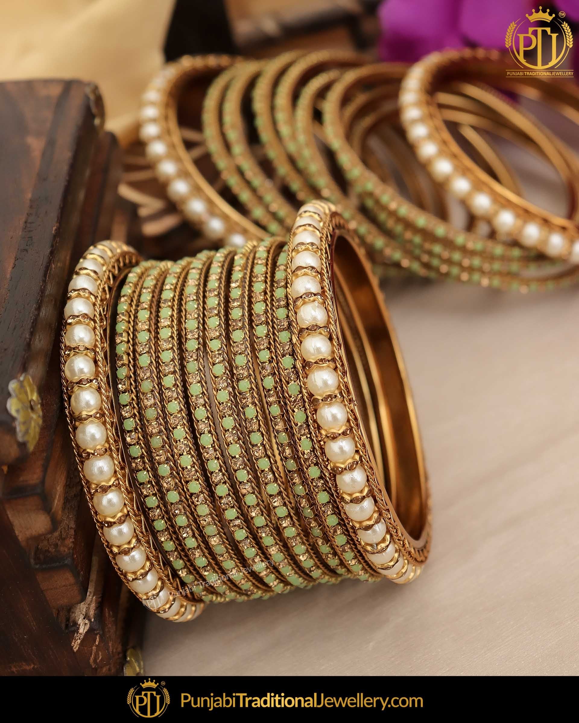 Antique Gold Finished Green Pearl Bangles Set (Both Hand Pair) | Punjabi Traditional Jewellery Exclusive