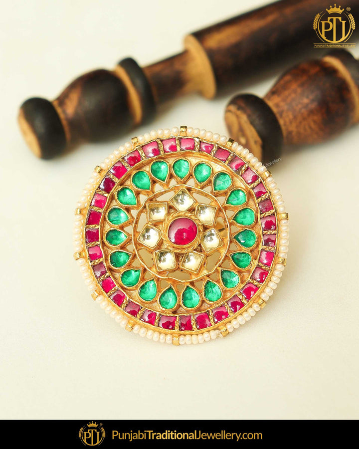Gold Finished Rubby Panna Kundan Ring | Punjabi Traditional Jewellery Exclusive