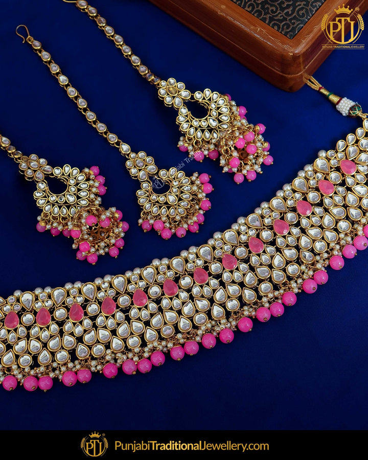 Gold Finished Pink Kundan Pearl Choker Necklace Set | Punjabi Traditional Jewellery Exclusive