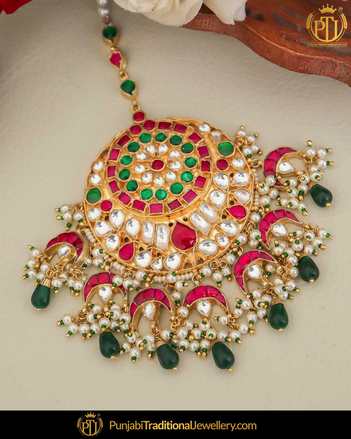 Gold Finished Kundan Green Red Pearl Tikka | Punjabi Traditional Jewellery Exclusive