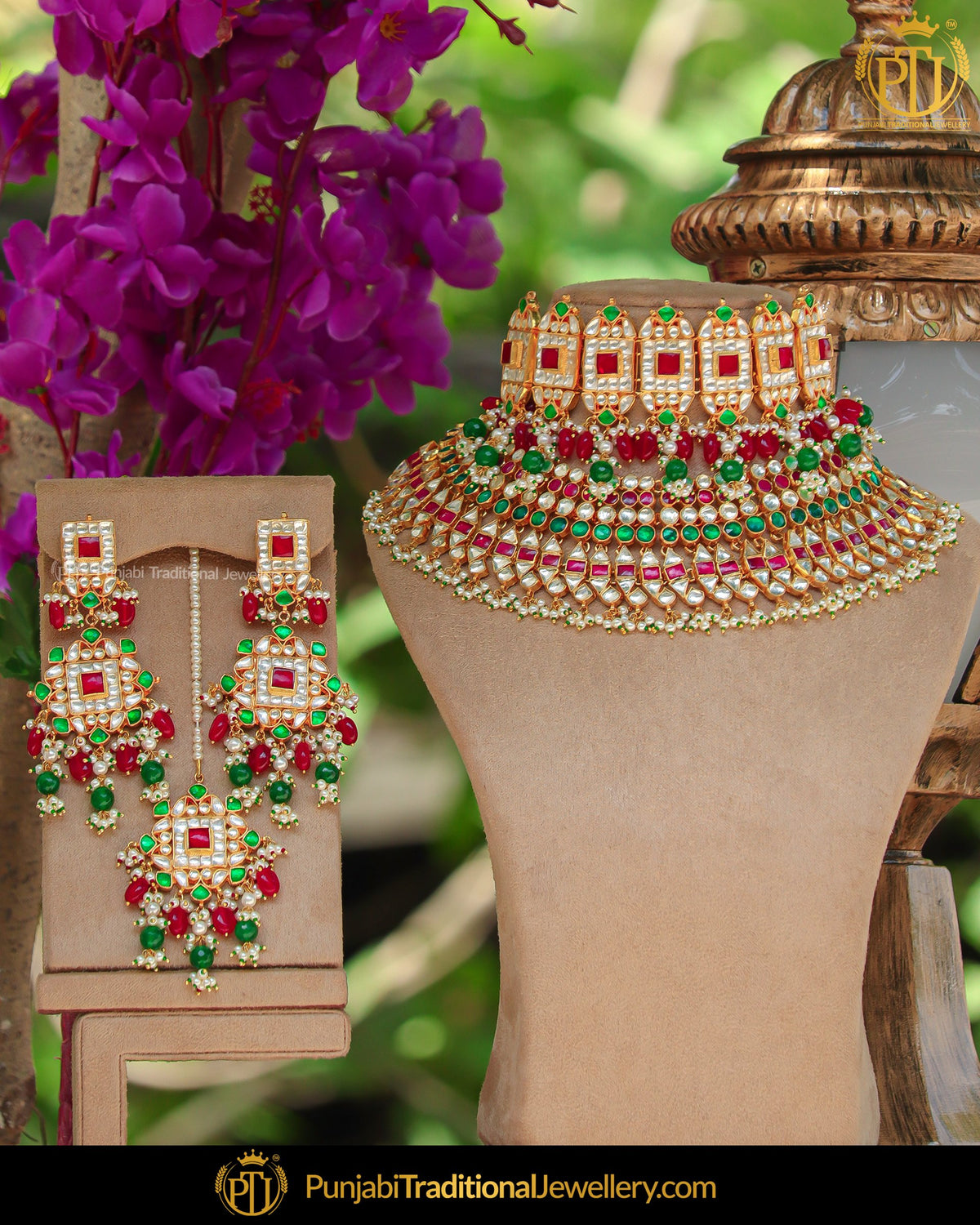 Gold Finished Rubby Green Kundan Choker Necklace Set | Punjabi Traditional Jewellery Exclusive