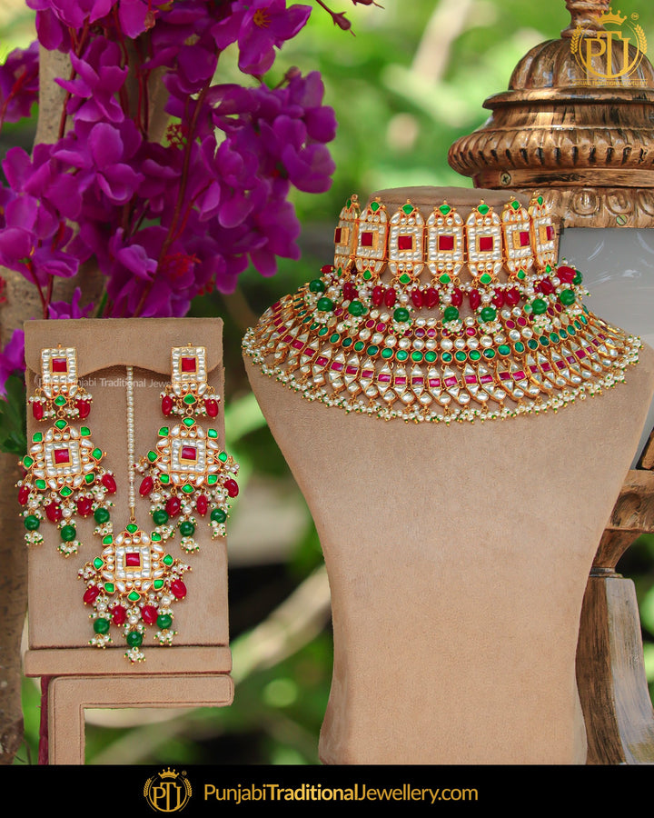 Gold Finished Rubby Green Kundan Choker Necklace Set | Punjabi Traditional Jewellery Exclusive