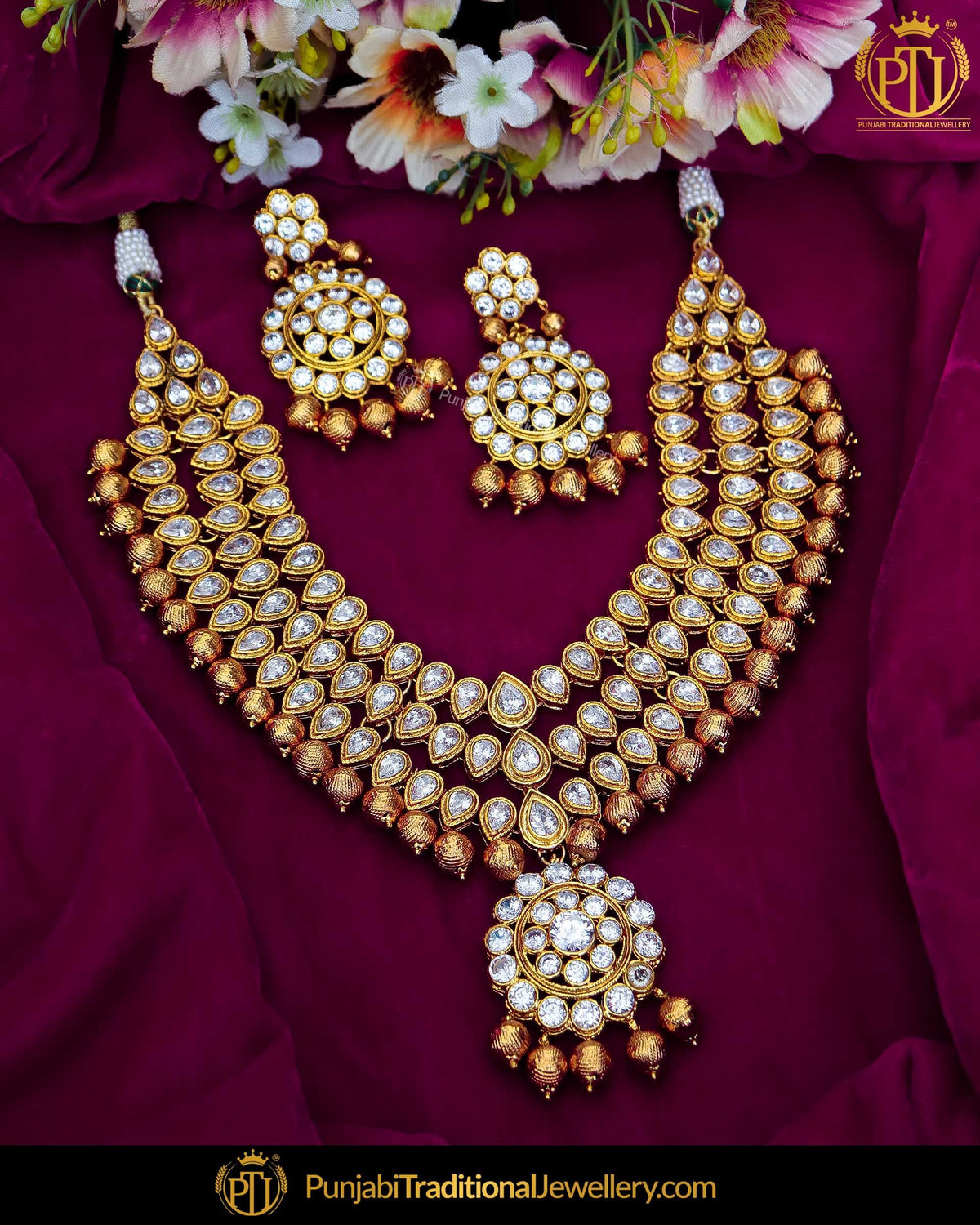 Gold Finished Kundan Stone Pearl Necklace Set  | Punjabi Traditional Jewellery Exclusive