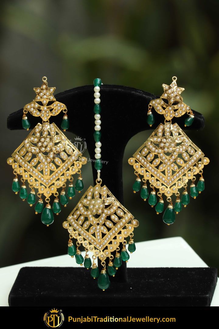 Gold Finished Emerald Jadau Pearl Earring Tikka Set | Punjabi Traditional Jewellery Exclusive