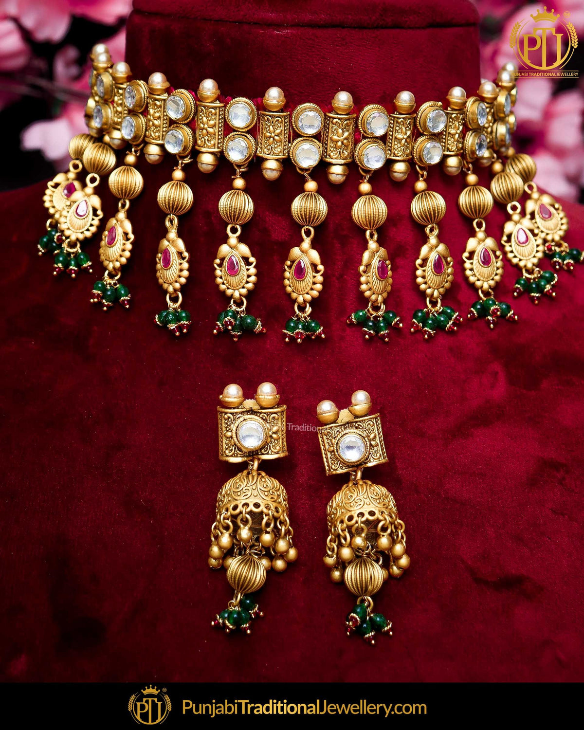 Antique Gold Finished Rubby Emerald Kundan Pearl Bridal Choker Necklace Set  | Punjabi Traditional Jewellery Exclusive