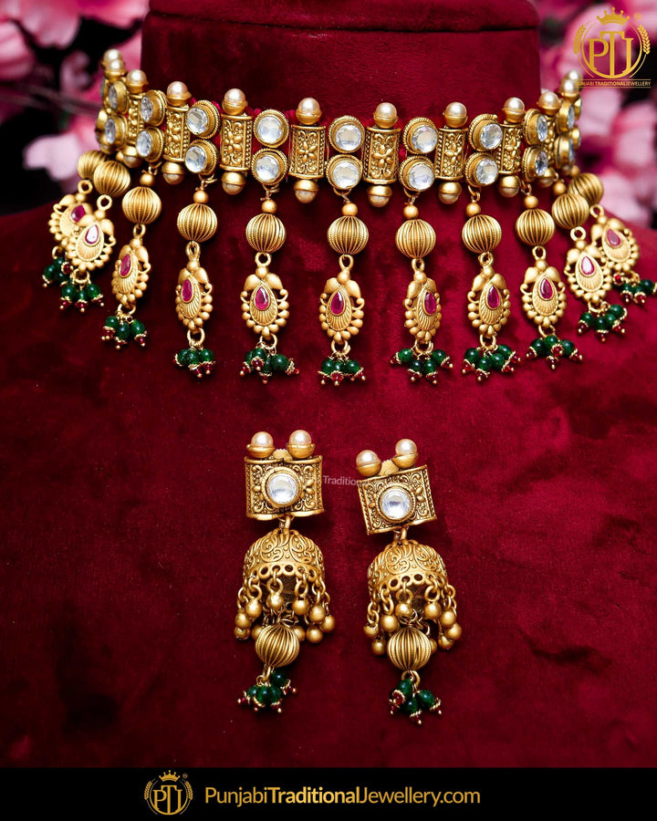 Antique Gold Finished Rubby Emerald Kundan Pearl Bridal Choker Necklace Set  | Punjabi Traditional Jewellery Exclusive