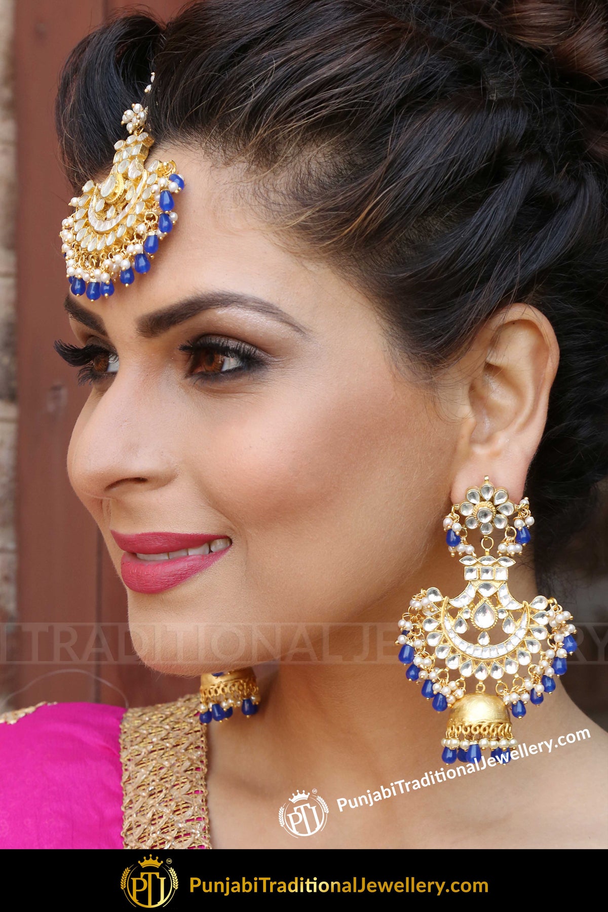 Pancham Blue Kundan Earring Tikka Set | Punjabi Traditional Jewellery