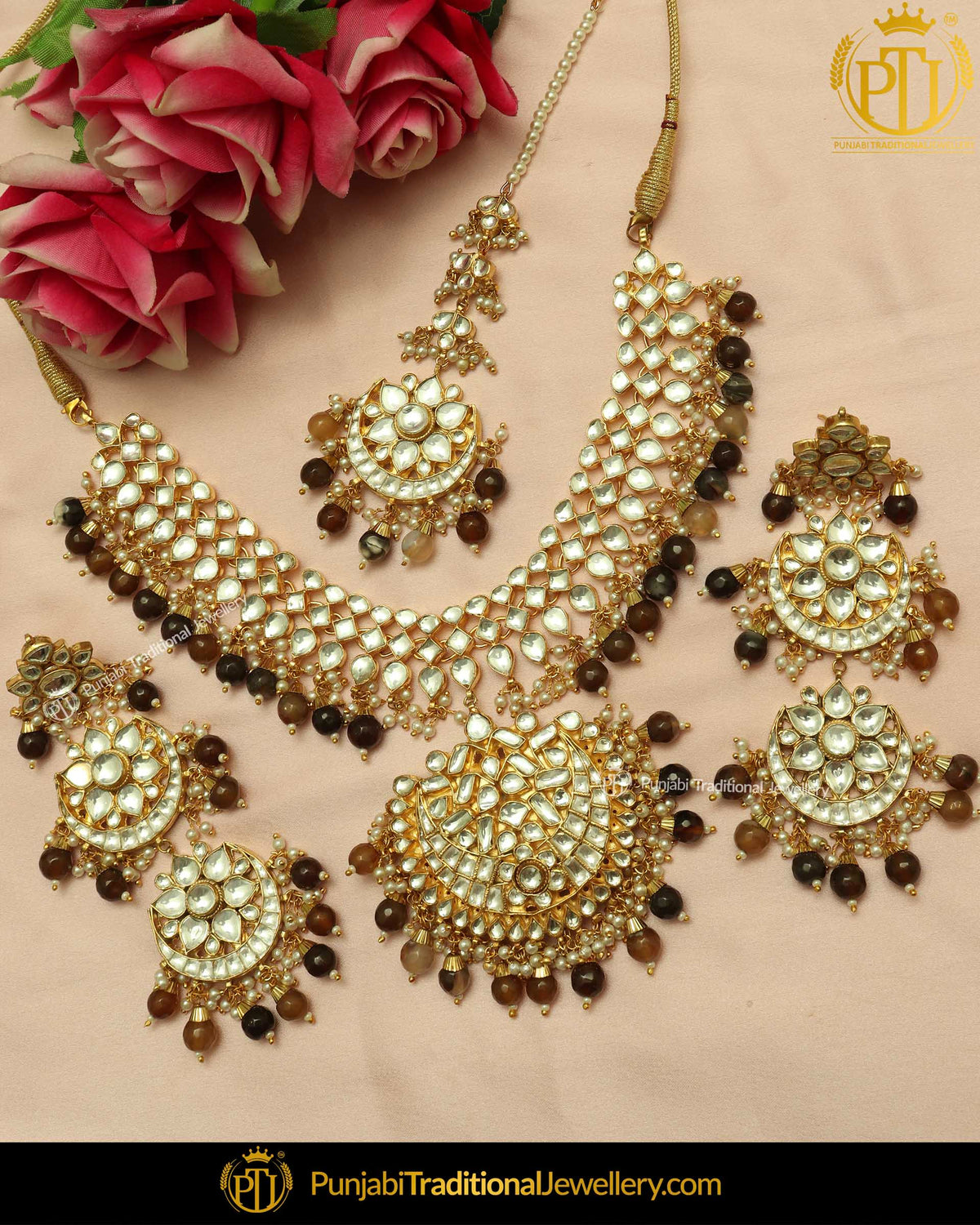 Dark Brown Color Kundan Pearl Necklace Set | Punjabi Traditional Jewellery Exclusive