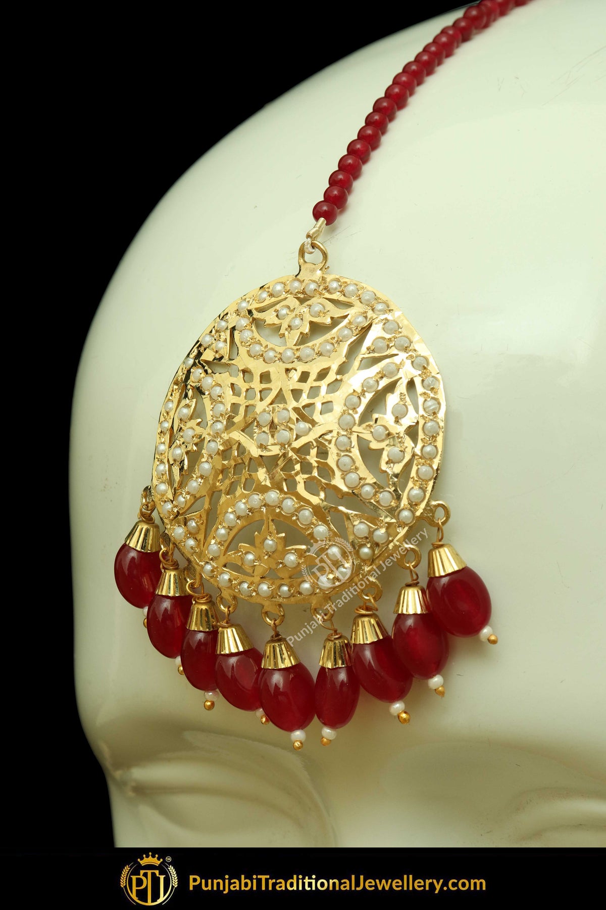 Gold Finished Red Jadau Pearl Earring Tikka Set | Punjabi Traditional Jewellery Exclusive